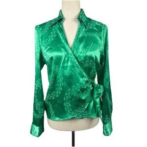 Rachel Roy Green Chain Link Design V-Neck Wrap Satin Blouse Business‎ Chic Small